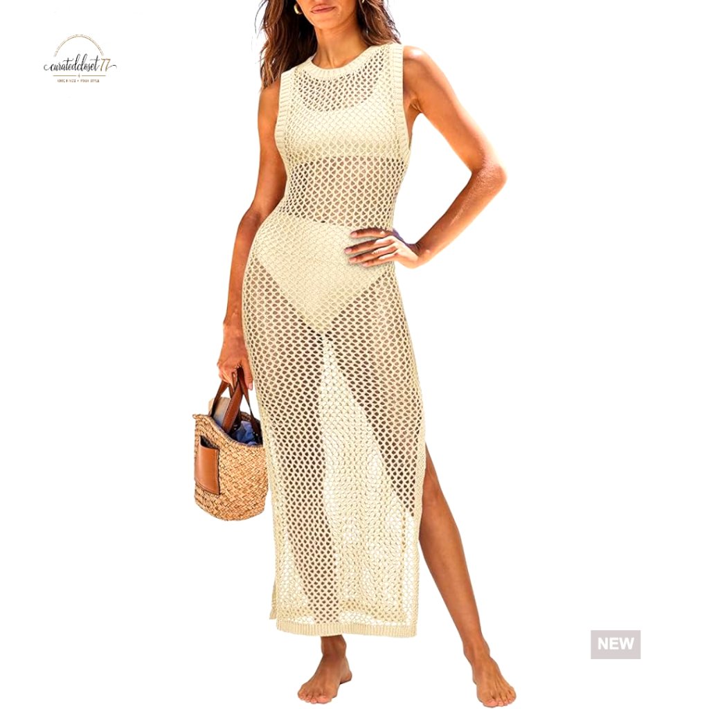 Sleeveless Hollow Knit Bikini Cover Up Beach Dress V-Neck Backless